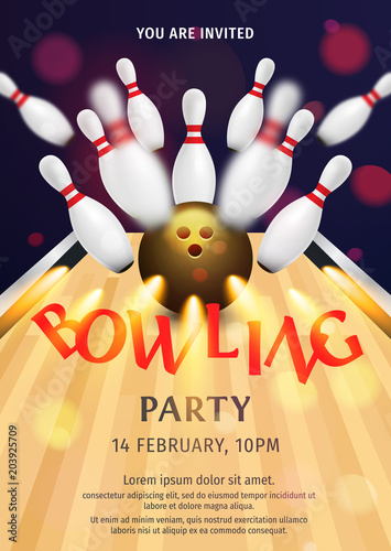 Bowling Party Flyer Template Illustration. Bright Bowling tournament poster. 3d ball and skittles composition. Bowling backgrounds for banner, poster, flyer, label design.