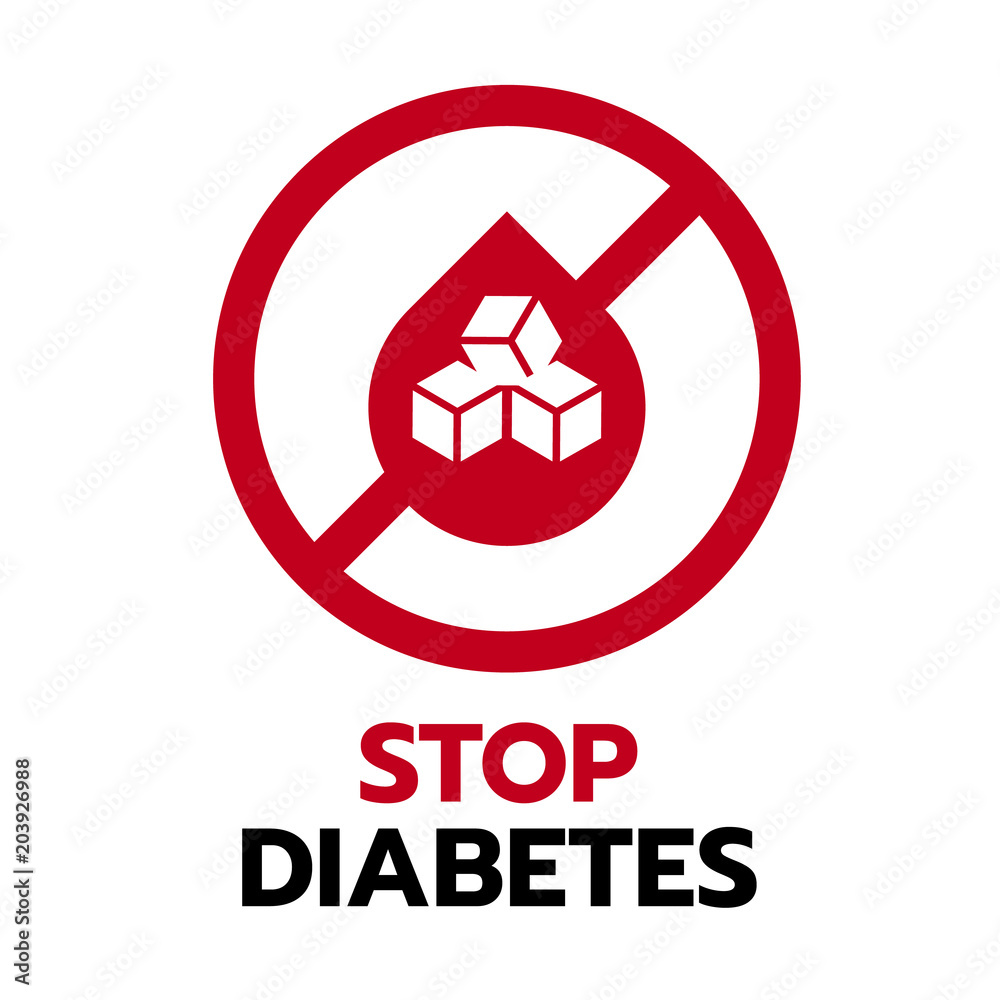 Stop Diabetes sign with red drop blood and sugar in circle stop sign vector design Stop Diabetes sign with red drop blood and sugar in circle stop sign vector design