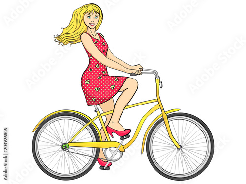 Isolated object on white background point. with sun rays. Young beauty woman ride bicycle retro vector.