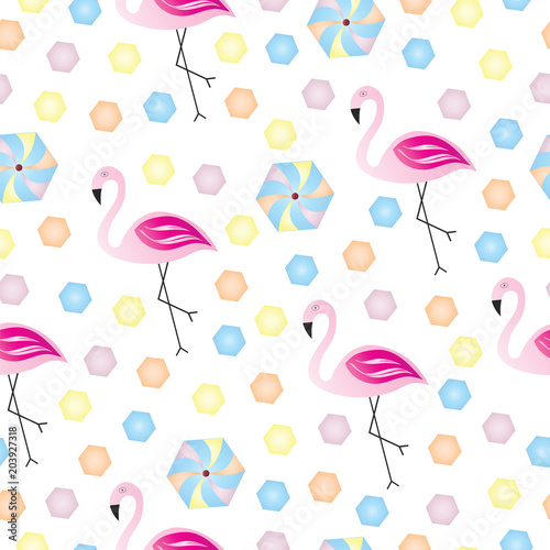 seamless pattern with pink flamingo and colorful shapes - summer pattern illustration