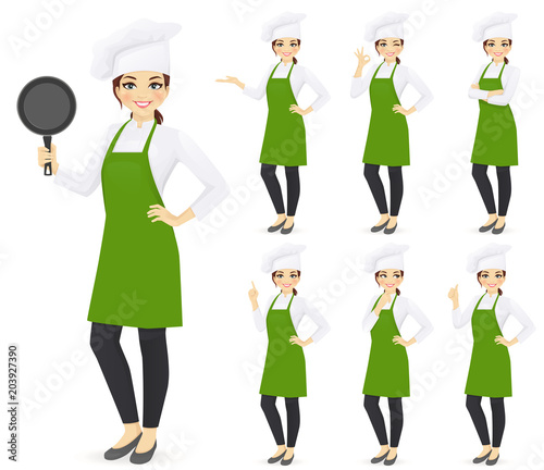 Woman chef set in different poses holding pan with empty space vector illustration