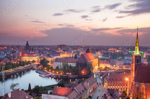 Aerial Wroclaw town at dusk