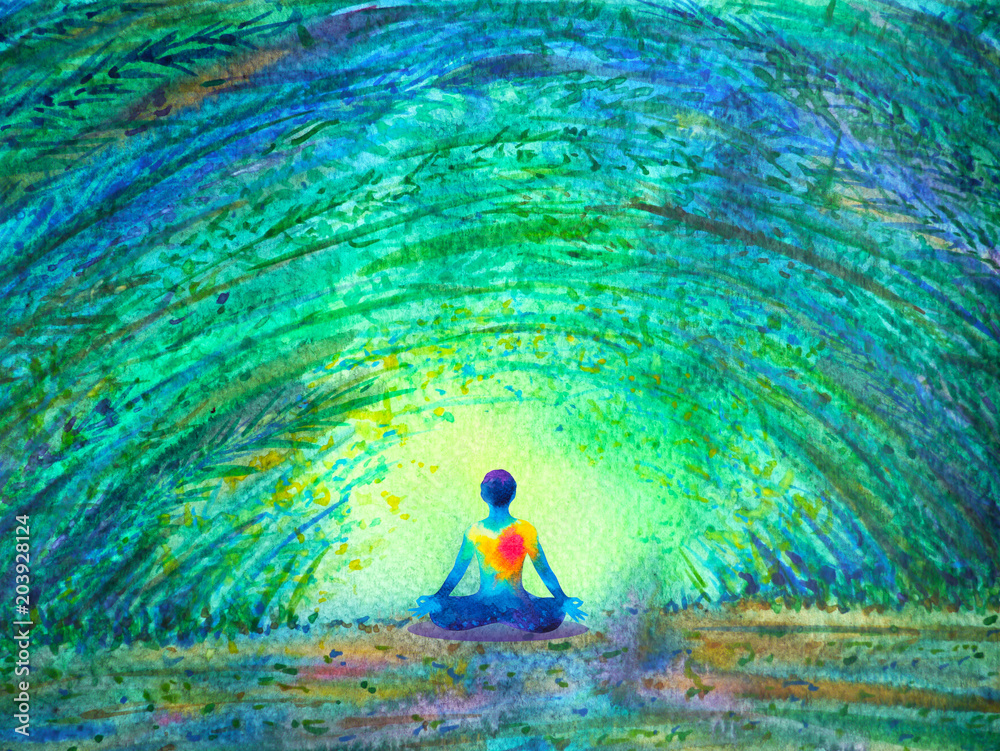 Naklejka czakram kolor ludzki lotos poza jogi w tunelu drzewo zielony las, świat abstrakcyjny, wszechświat w swoim umyśle umysł, akwarela malarstwo ilustracja projekt wyciągnąć rękę