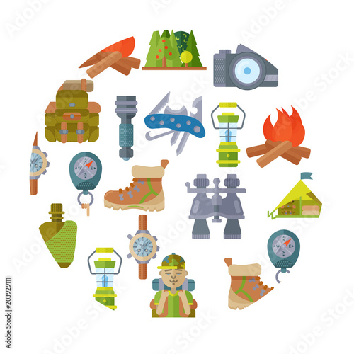 Hiking equipment and forest leasure vector icon set. Mountain hiking and trekking elements. Multitool, lantern, binocular, hiking boots, flask, flashlight, backpack, compass and etc. Flat icons withou