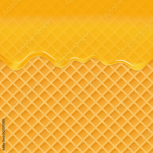 Dripping honey on a waffle background. Honey splash, sweet syrip. Vector illustration