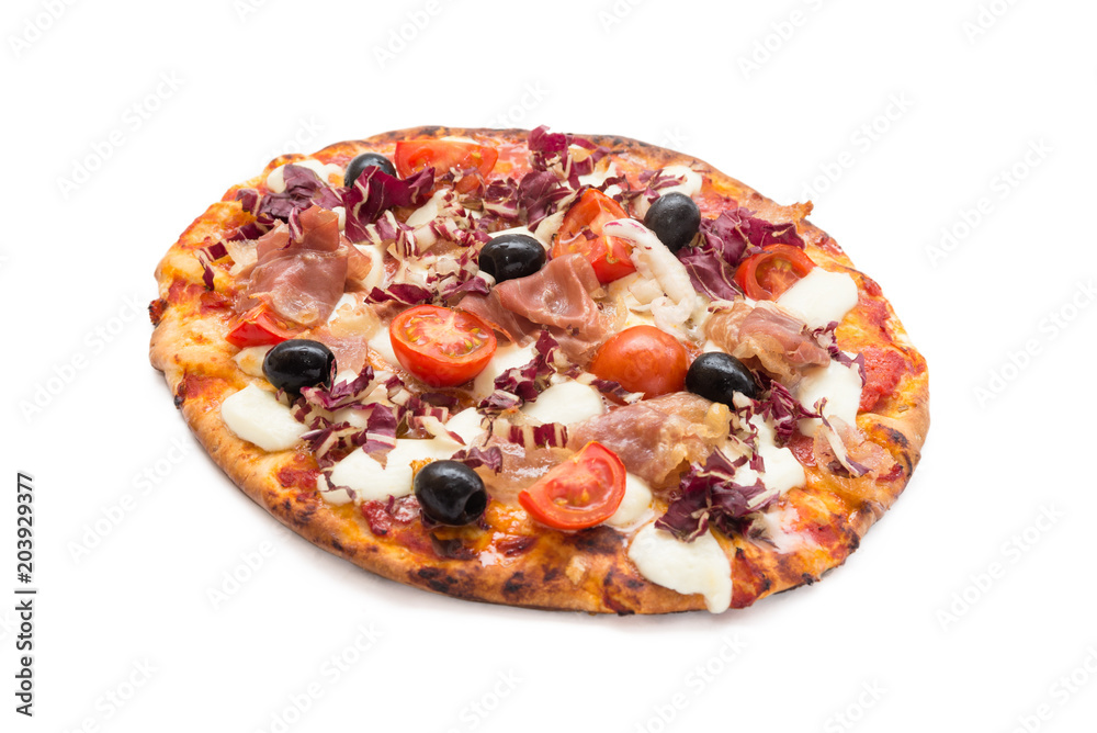 Pizza with ham, tomatoes, radicchio, black olives and mozzarella 