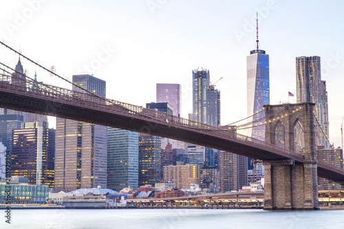 New York, Lower Manhattan skyline with Brooklyn Bridge
