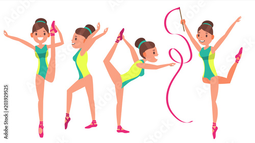 Gymnastics Girl Player Female Vector. Exercise Tournament. Plasticity. Decorative. Cartoon Athlete Character Illustration