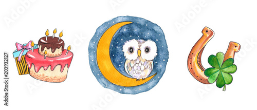 Hand drawn colorful illustration. Watercolor artwork set. Owl sits on half moon on night sky with stars. Cake and gift box for birthday. Golden horseshoe with four-leaf clover. Pictures for children.