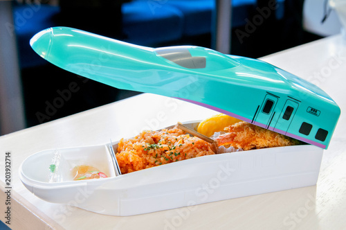 Fotografía Japanese Ekiben Train station bento in Shinkansen shaped box