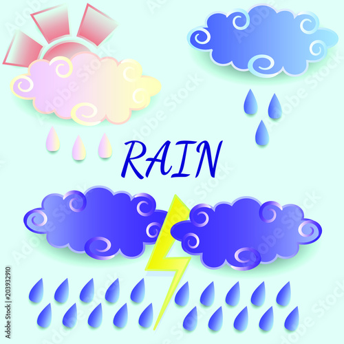 Different kinds of rain. Set of illustrations of rainy weather. Vector drawing for design rain