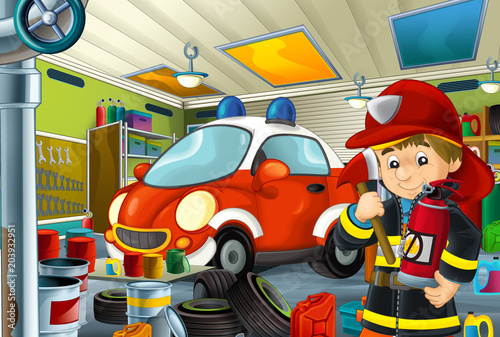Fototapeta Naklejka Na Ścianę i Meble -  cartoon scene with fireman in garage near some vehicle - fireman car - or cleaning work place - illustration for children