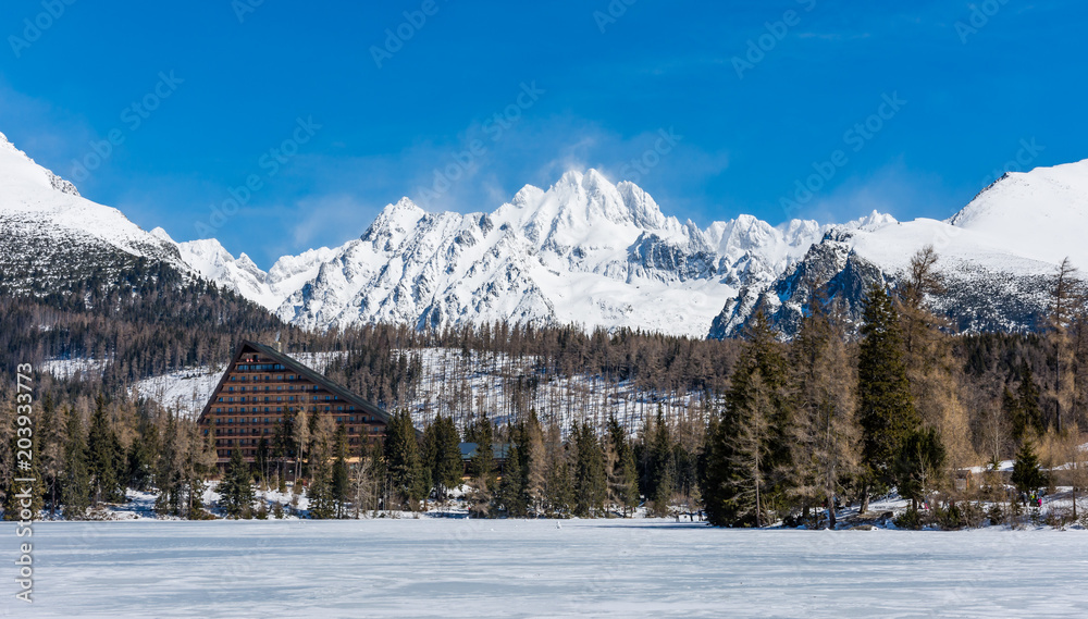 Slovakia, Strbske Pleso: View of frozen lake in Big Tatra, Slovakia. Mountains in background, the trees and lake in foreground. Winter and snow. Sport vacation and tourism.