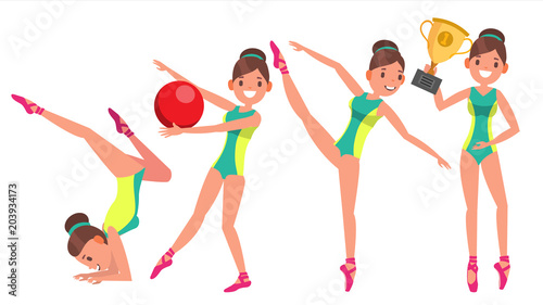 Gymnastics Female Player Vector. Gymnastic Tape, Hoop, Mace. Slim. Dance. In Action. Cartoon Character Illustration