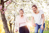 Elderly grandmother with crutch and granddaughter in spring nature.