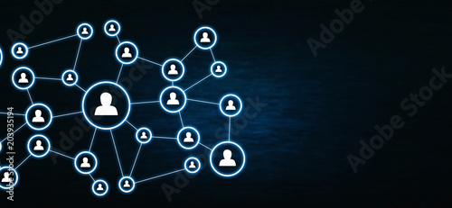 Business connection and social network on dark blue background.