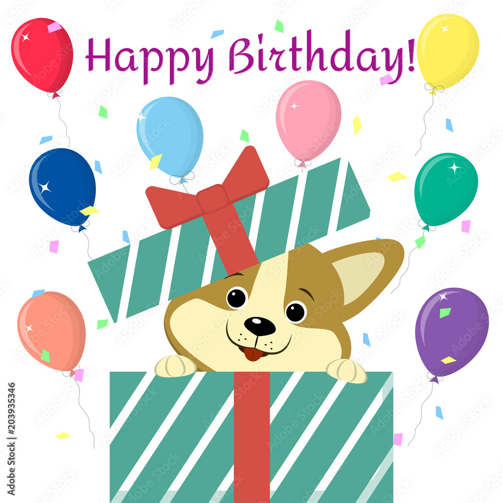 Naklejka premium Cute cartoon puppy in cartoon style, peeking out of the gift box against the background of balloons. Happy Birthday. Flat, vector.