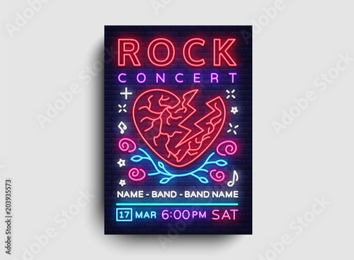 Rock music concert poster vector. Design Template Rock Music Festival, Neon Style, Neon Banner, Light Flyer, Concert Invitation, Rock and Roll Music, Night Party Invitation. Vector illustration