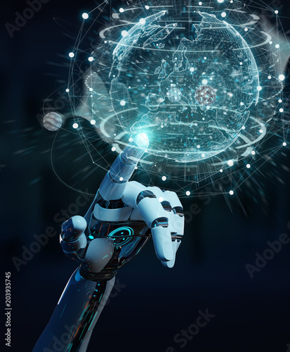 White cyborg hand using planet Earth interface 3D rendering