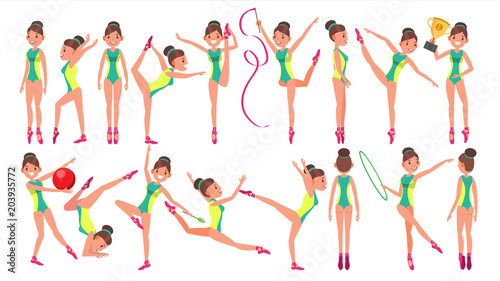 Gymnastics Female Player Vector. Gymnastic Hoop. Demonstrate. Presentation. Playing In Different Poses. Woman. Athlete Isolated On White Cartoon Character Illustration