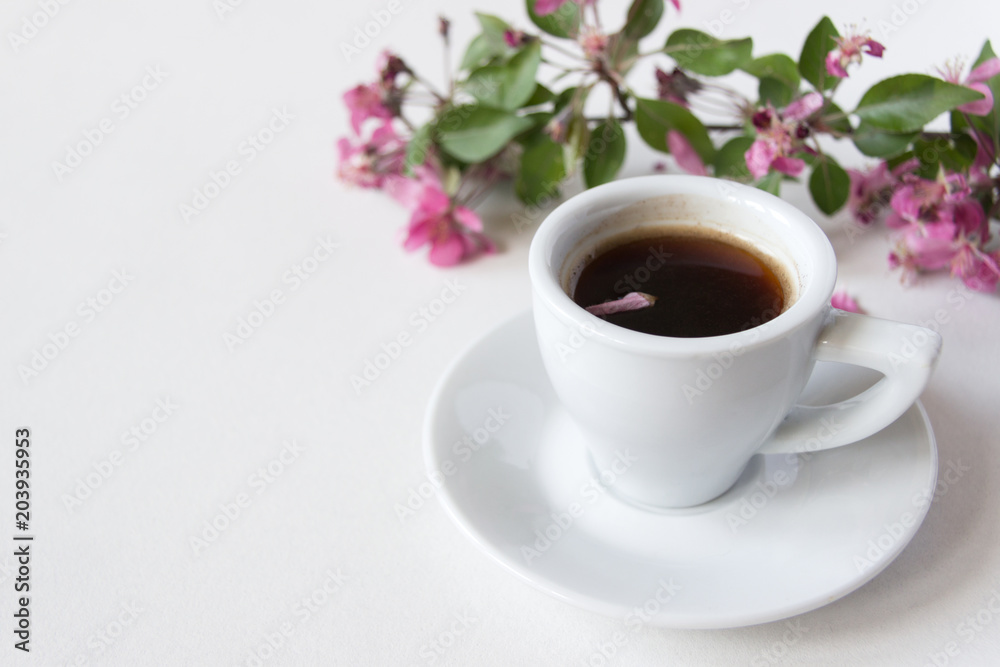 A cup of espresso and a branch with pink flowers and green leaves on a white background. Place for text. Close up A cup of espresso and a branch with pink flowers and green leaves on a white background. Place for text. Close up