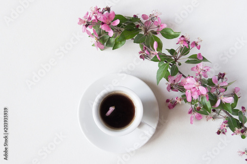 A cup of espresso and a branch with pink flowers and green leaves on a white background. Place for text. Flat lay