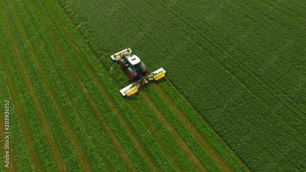 Aerial view of a tractor mowing a green fresh grass field, 
a farmer in a modern tractor mowing a green fresh grass field on a sunny day.