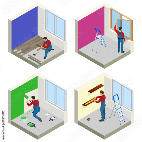 Home repair isometric concept set with workers, tools, equipment isolated on white. Building, construction and home repair tools. Vector flat isometric illustration.