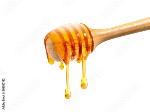 Valokuva honey and honey comb with wooden stick