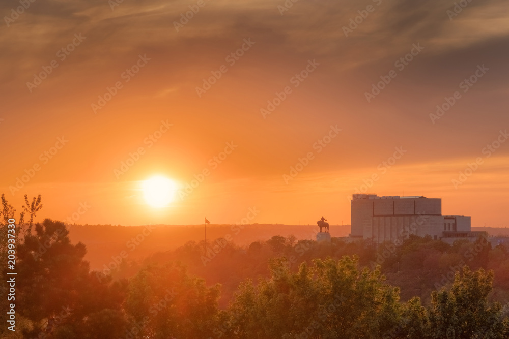 Beautiful silhouettes of Vitkov hill at he sunset, Prague, Czechia