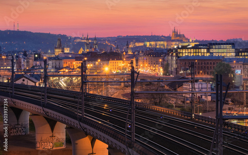 Sticker View of city center and Prague castle from Vitkov hill with railroad at the fore