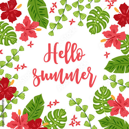 Jungle greeting card with hibiscus, monstera leaves, branches