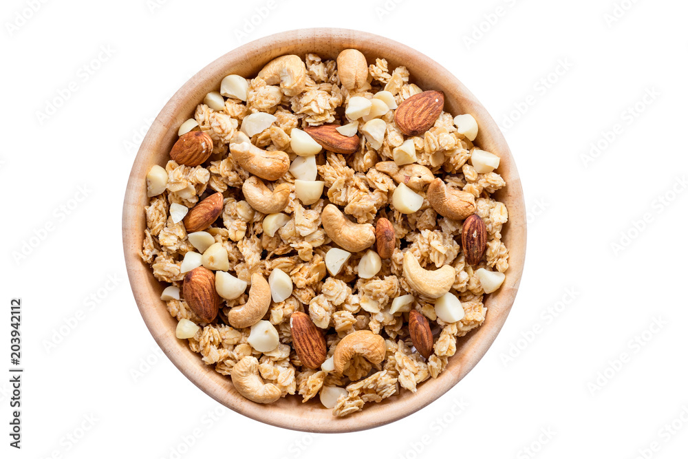 Close up top view granola in the bowl on isolated with clipping path. Close up top view granola in the bowl on isolated with clipping path.