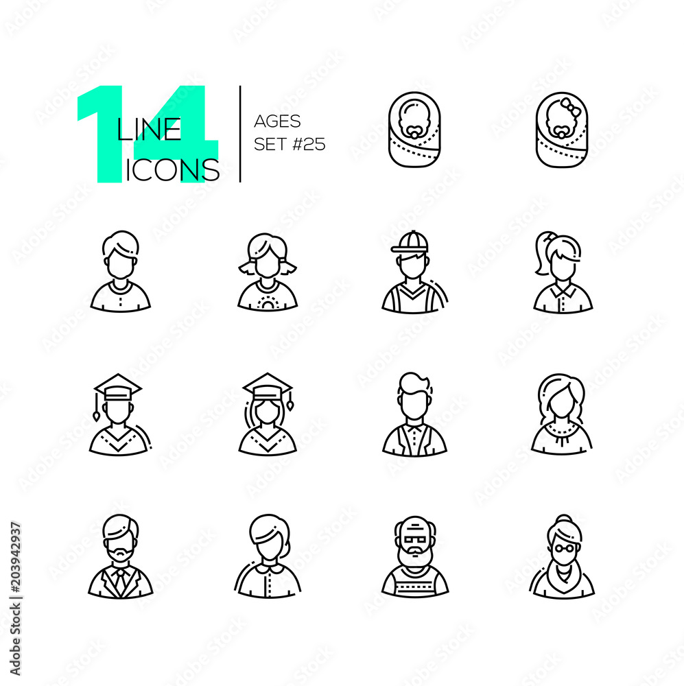 Ages - set of line design style icons Ages - set of line design style icons
