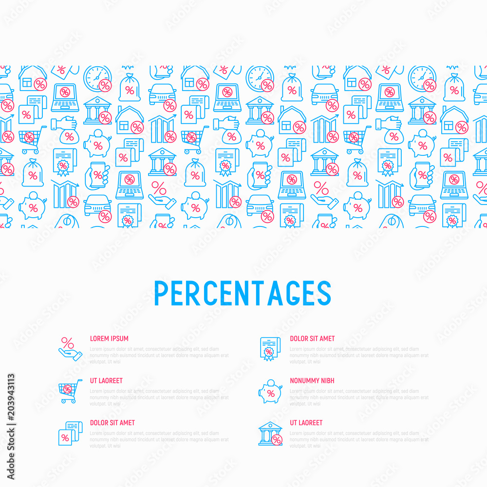 Percentages concept with thin line icon: loan, credit, offer, interest rate, sale, discount, percentage graph of growth or fall, leasing, on screen of smartphone, laptop. Modern vector illustration.