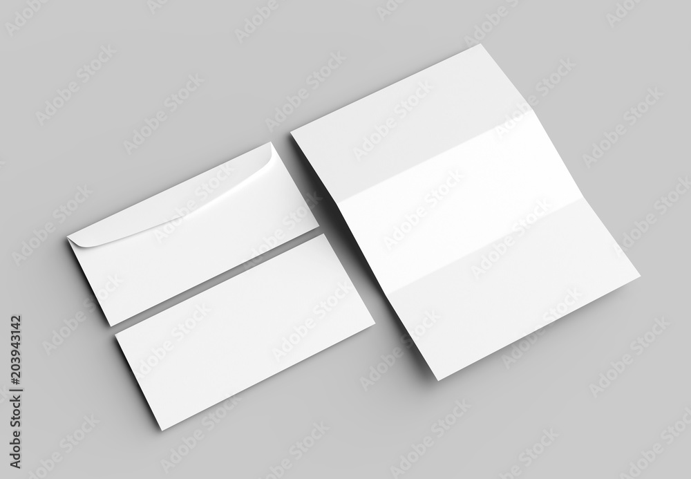 Envelope and letter mock up isolated on soft gray background. 3D illustrating. Envelope and letter mock up isolated on soft gray background. 3D illustrating.