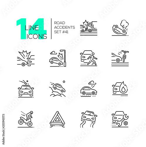 Road accidents - set of line design style icons