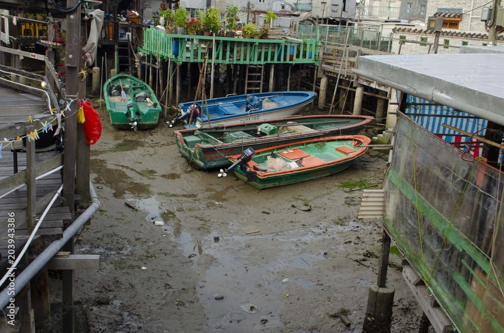 Fishing Boats during low tide at Tai O village