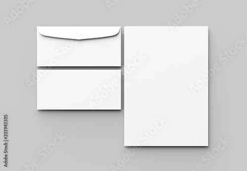 Envelope and letter mock up isolated on soft gray background. 3D illustrating.