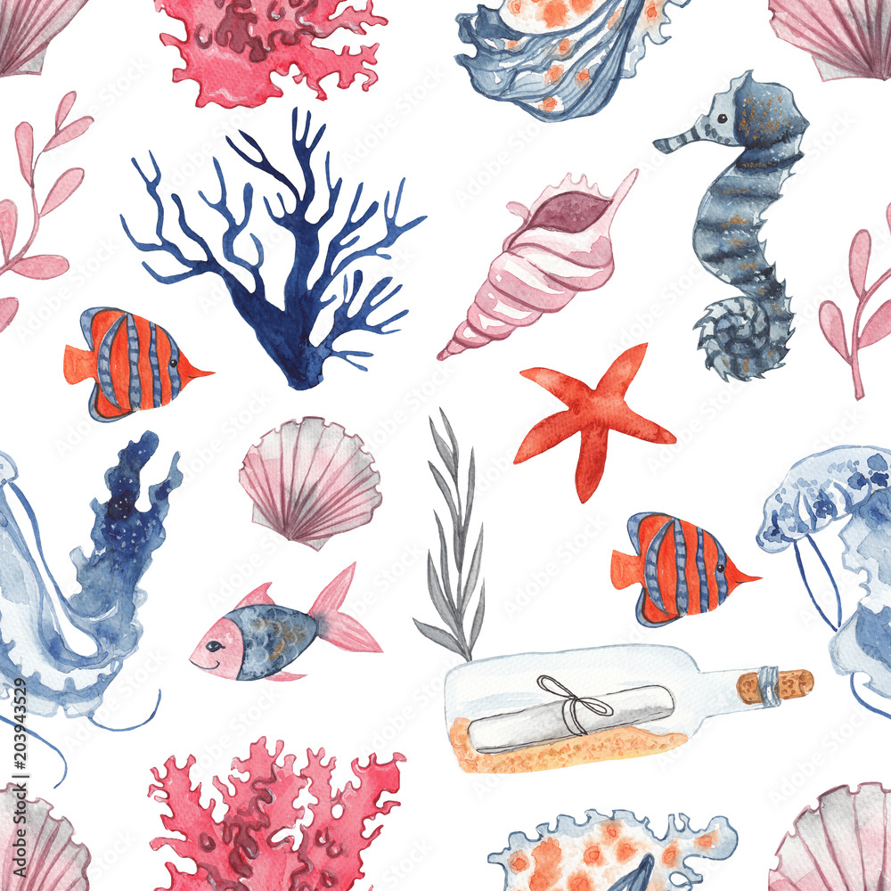 Seamless pattern with watercolor seashells, corals, sea stars, fish, jellyfish, seahorse and seaweed
