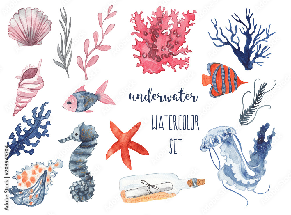 Obraz premium Podwodny zestaw akwareli. Muszle, korale, rozgwiazdy, ryby, meduzy, koniki morskie i wodorosty. Akwarela ilustracja na białym tle akwarela