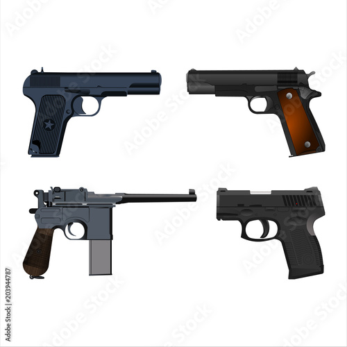 Set of realistic pistols isolated on white background. Vector illustration