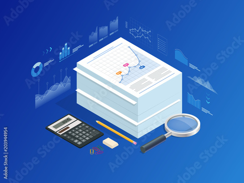 Isometric stack of documents with an official stamp and pencils in a glass. A method for working in the office. Bureaucracy concept. Flat style vector illustration.