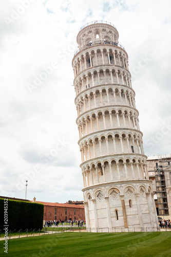 Travel in Italy. Architecture of Pisa. Leaning Tower of Pisa on a sky background