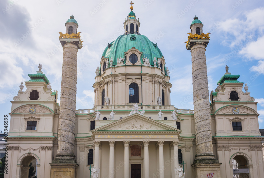 Front view of St Charles baroque church in Vienna city, capital of Austria
