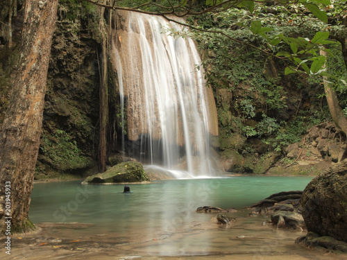 Beautiful and breathtaking green waterfall  Erawan Waterfall  at Kanchanaburi  Thailand