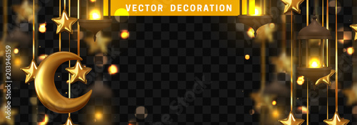 Gold star decorations with old lamps hanging on golden ribbon. Background of bright bokeh flares. Decor vintage lanterns and crescent