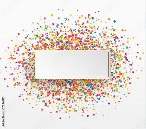 Colorful celebration background with confetti. Paper white bubble for text.