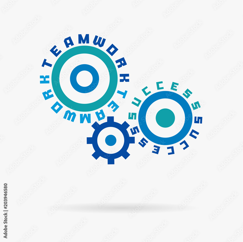 Connected cogwheels, teamwork, success words. Integrated gears, text. Communication business, team work partnership idea. Typography system concept. Cog wheel collaboration mechanism. Vector infograph