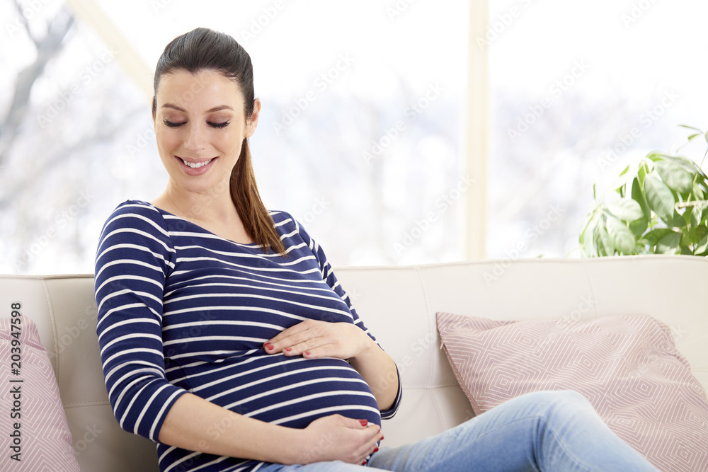 Portrait of beautiful pregnant woman with hands on her baby bump ejoying her pregnancy while relaxing on sofa at home. Portrait of beautiful pregnant woman with hands on her baby bump ejoying her pregnancy while relaxing on sofa at home.
